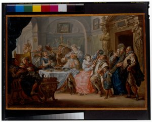 Belső, elegáns figurákkal álarcos jelmezben lakomában alkotó: Johann Georg Platzer