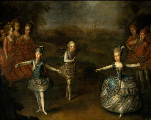 Christoph Willibald Gluck a Schonbrunn-i diadal című balett bemutatása II. József és Marie Josephine Antoinette de Baviere házasságában 1765. január 24-én”” Jobb oldalon Franciaország leendő királynője, Marie Antoinette. Részlet o alkotó: Johann Georg Weikert