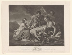 Jupiter gezoogd door de geit Amalthea A Jupiter ápolása (cím a tárgyon) alkotó: Johann Gerard Huck