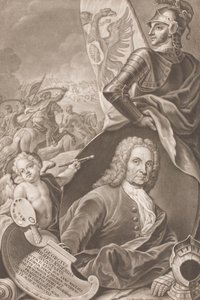 Georg Philipp Rugendas festő mellszobra csatajelenettel a háttérben