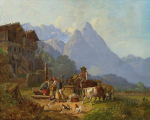 Heinrich Bürkel Hegyi falu szökőkúttal 1845 körül