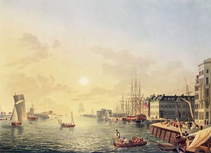 Kilátás a Le Havre-i kikötőre és kikötőre, 19. század eleje (színes metszet) alkotó: Johann Heinrich (after) Luttringshausen