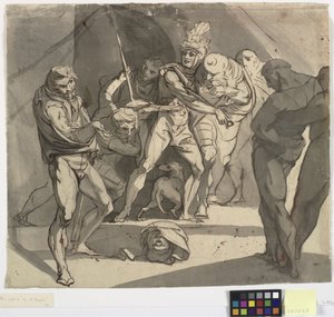 Richard Plantagenet apja lába elé dobja Somerset hercegének levágott fejét. Illusztráció Shakespeare VI. Henrik című művéhez, 3. rész, 1. felvonás, 20. sor
