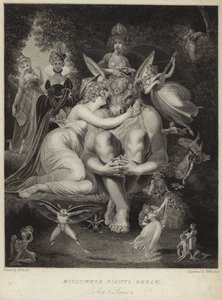 Titania megcsókolja Bottomot a Szentivánéji álomban alkotó: Johann Heinrich Füssli