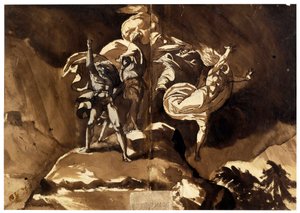 Macbeth és Banquo felett lebegő boszorkányok (Les sorcieres flottant au dessus de Macbeth et Banquo) - par Fussli (Fuseli), Johann Heinrich (1741-1825), - Toll, ecset, barna indiai tinta, fehér színű, fekete kréta papíron, 46,5x66,2 - Magángyűjtemény