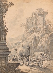 Olasz táj szarvasmarhákkal alkotó: Johann Heinrich Roos
