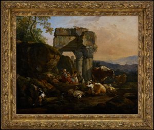 Római táj szarvasmarhákkal és pásztorokkal alkotó: Johann Heinrich Roos