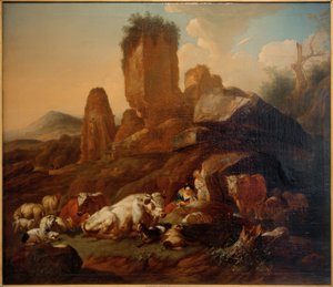 Pihenő pásztorlány és szarvasmarha alkotó: Johann Heinrich Roos