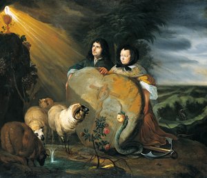 Önarckép (?) feleségével és a keresztény hit jelképeivel alkotó: Johann Heinrich Roos