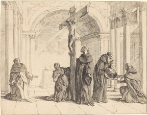 Feszület egy templomban Aquinói Tamás, Mária Magdolna, Albertus Magnus és mások szentjével