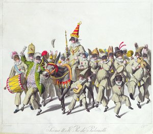 Punch király körmenete a római karnevál idején, 19. század eleje (színes metszet) alkotó: Johann Heinrich Stuermer
