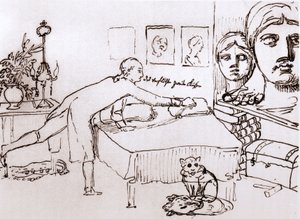 Johann Wolfgang Von Goethe a római Via del Corso-n lévő házában. Johann Heinrich Wilhelm Tischbein (1751-1829) rajza (más néven Goethe-Tischbein vagy Goethe Tischbein). sd. 18. század.