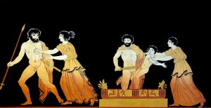 klasszikus jelenet, amelyet Astyanax életét fenyegető katonáknak gondolnak, miközben édesanyja, Andromache megpróbálja megvédeni őt 1796 körül (Rézlemez-metszet) alkotó: Johann Heinrich Wilhelm Tischbein