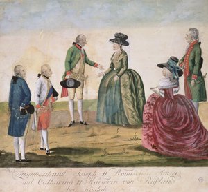 II. Német József (1741-90) és Nagy Katalin császárné (1729-96) találkozása Koidakban, 1787. május 18. (színes rézmetszet)