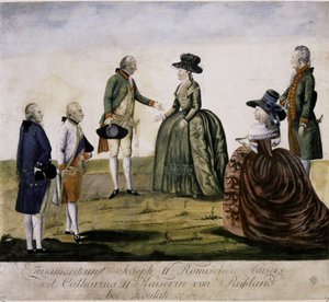 II. Katalin és II. József találkozója a Dnyepernél, Ma... (színes metszet) alkotó: Johann Hieronymus Loeschenkohl
