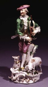 Meisseni juhászkutya dudával (porcelán)