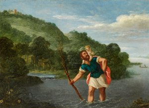 Szent Kristóf hordozza a Krisztus gyermekét egy tájképen