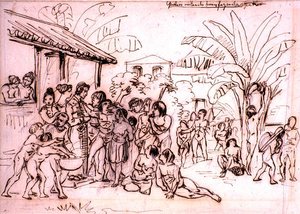 Indiánok egy birtokra látogató Brazíliában, 1825 körül (toll és barna tinta ceruzán) alkotó: Johann Moritz Rugendas