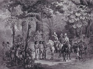 Az indiánok találkozása az európai felfedezőkkel a „Picturesque Voyage to Brazíliába” c. alkotó: Johann Moritz Rugendas