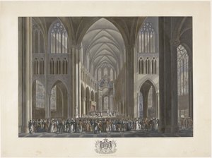 I. Vilmos király áldása a brüsszeli Szent Gudula-templomban 1815. szeptember 21-én Tizenkét lemez I. Vilmos brüsszeli érkezéséről és beiktatásáról, valamint az 1815-ös Quatre-Bras-i és Waterloo-i csatákról (sorozat címe) alkotó: Johann Nepomuk Gibèle (possibly)