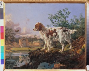A Kuzminki ingatlan. A körhinta. Kutya a tájban. Johann Nepomuk Rauch (1804-1847) munkája, olaj, karton