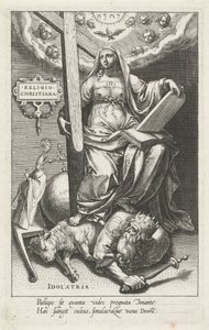 A keresztény vallás (Religio Christiana) legyőzi a bálványimádást (Idolatria) Christiana vallás (cím a tárgyon) Az erények legyőzik a bűnöket (sorozat címe) alkotó: Johann Sadeler (I)