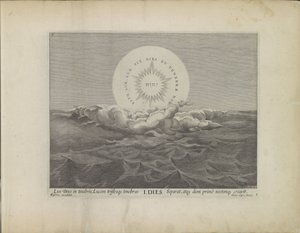 Eerste scheppingsdag: scheiding van licht en darknessen Schepping van de wereld (sorozat címe) Ez a Bibliai Színház az Ó- és Újszövetség Szent Története Bronzlemezeken kifejezve (sorozat címe) alkotó: Johann Sadeler (I)