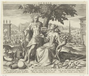 Olaszország, Vénusszal és Apollónnal Olaszország (cím a tárgyon) Az európai országok allegorikus ábrázolásai (sorozat címe) alkotó: Johann Sadeler (I)
