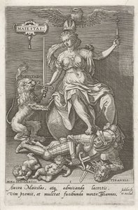 A méltóság (Majestas) legyőzi a zsarnokságot (Tyrannis) Maiestas (cím az objektumon) Az erények legyőzik a bűnöket (sorozat címe) alkotó: Johann Sadeler (I)
