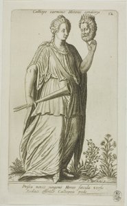 Calliope, az epikus költészet múzsája, 12. lemez a Parnassus Bicepstől alkotó: Johann Theodor de Bry