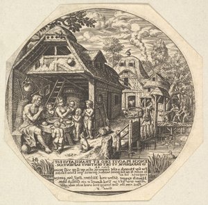 Énok és családja körülölelnek egy étkezési asztalt, és kézmozdulattal fogták a kezüket..., kb. 1580-1623.