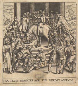 Férfiak gyűjtik az öszvér hátsó negyedéből lehullott trágyát, lovassal ülve ba..., 1592-1614. alkotó: Johann Theodor de Bry
