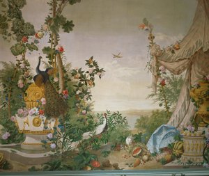 Kerti jelenet pávával és sátorral a Schönbrunni kastély kerti termében ... alkotó: Johann Wenzel Bergl