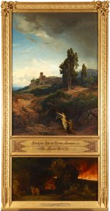 Abrahams Bitte für Sodom (oben). Die Flucht Lots (unten). Aus dem Zyklus "Zwölf biblische Landschaften mit der Geschichte Abrahams" alkotó: Johann Wilhelm Schirmer