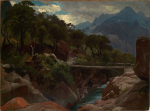 Svájci hegyi folyó gyaloghíddal alkotó: Johann Wilhelm Schirmer