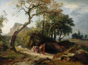 A sebesült ember megmentése az irgalmas szamaritánus által (este) 1856 körül