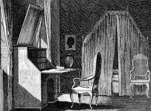 Werther szobája, Daniel Chodowiecki (1726-1801) illusztrációja, Johann Wolfgang von Goethe (1749-1832) Az ifjú Werther szomorúsága című metszet ihlette