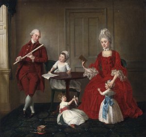 Rokokó: Mr. és Mrs. James Blew és három gyermekük portréja elegáns belső térben, Johann Zoffany (Zauffelij) (1733-1810). 1660-1670, Olaj, vászon, 75x80,3. Magángyűjtemény