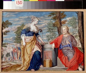 Krisztus és a szamaritánus asszony Jákob kútjánál. Krisztus és a szamaritánus asszony Jákob kútjánál. Johannes Koenig (1586-1632/1635) festménye. Német művészet, barokk stílus. Gouache pergamen. Puskin Szépművészeti Múzeum, Moszkva.