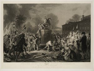 III. György szobrának lebontása, a Sons of Freedom, Bowling Greennél, New York városa, 1770. július, John C. McRae metszet, 1853 után