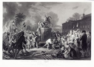III. György szobrának lebontása a szabadság fiai által, a Bowling Greenben, New York városában, 1776. július, kocsma. 1875 alkotó: Johannes Adam Simon after Oertel