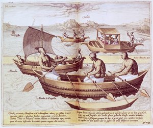 Boats in Goa, illusztráció a „Jan Hughen van Linschoten, His Course of Voyages into the East and West Indies” című könyvéből, 1579-92