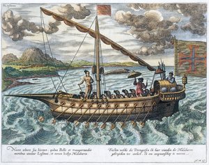 Fusta, illusztráció a „Jan Huyghen van Linschoten, Az Ő beszéde az utazásokról Kelet- és Nyugat-Indiába” című művéből, 1579-92