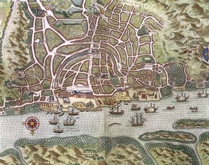Goa város térképe és portugál kikötője, India, kikötői és kereskedelmi hajózás részlete, 1595 metszet részlete 110750