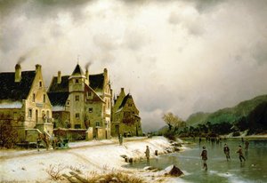 Téli folyó tájkép jégen korcsolyázó műkorcsolyával egy falu mellett (olaj, vászon) alkotó: Johannes Bartolomaus Duntze