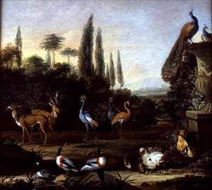 Parki táj szarvasokkal és egzotikus madarakkal, 1710 körül (olaj, vászon) alkotó: Johannes Bronckhorst