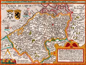 Flandria térképe, Matthias Quad térképész „Fasciculus Geographicus” című művéből, később kézi színezés (színes metszet)