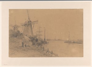 Szélmalmok Dordrecht közelében a folyó mentén hajókkal