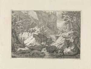 Kilátás egy vízesésre Prospektus in Monasterio vulgo dicto La Grande Chartreuse in Delphinatu (cím a tárgyon) Tájak a Chartreuzer-hegységben (sorozat címe) alkotó: Johannes Glauber