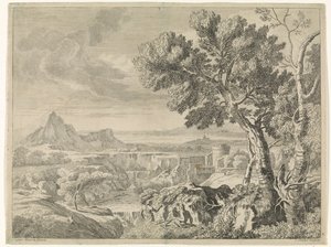 Táj szakadékkal és vízeséssel Tájak Gaspar Poussin után (sorozat címe) alkotó: Johannes Glauber